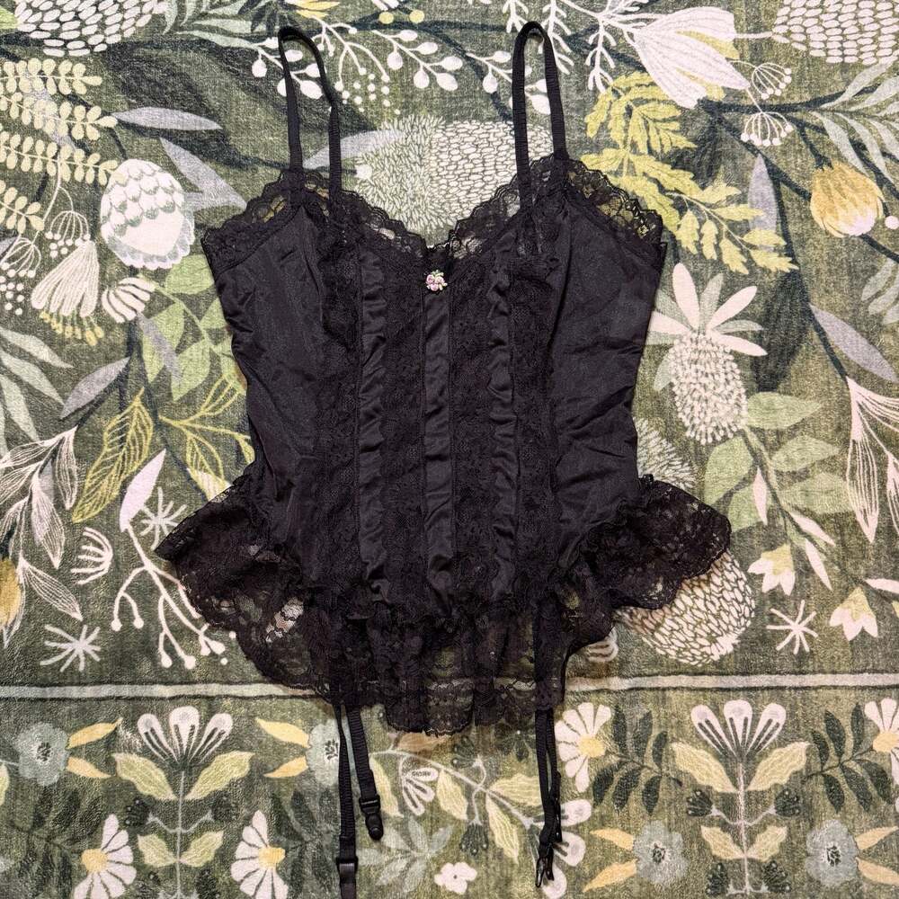 Nan Flower Black Lace Corset Lingerie Top Size Medium Made in USA